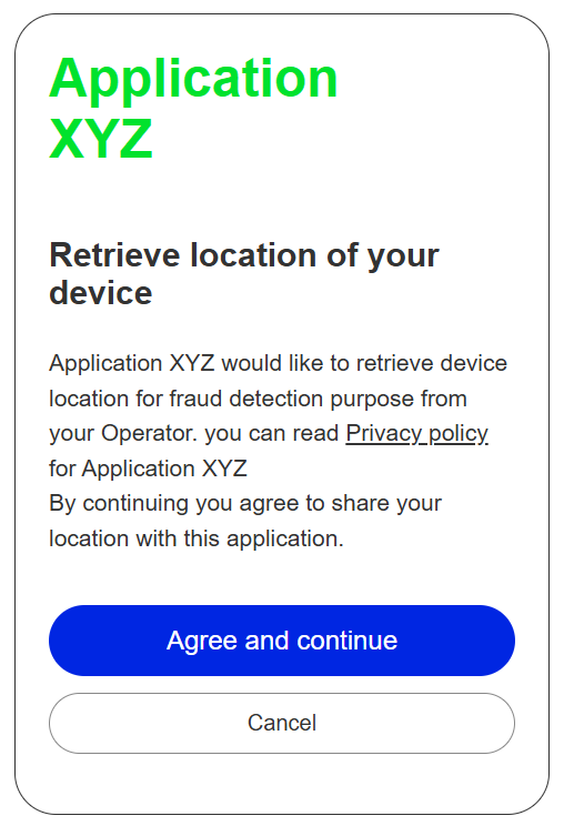 Example consent screen with application name, scope, purpose, and privacy policy link